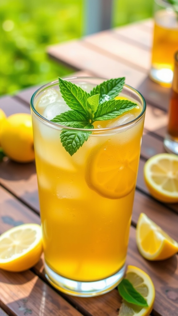 A refreshing Maple Bourbon Lemonade in a glass with ice, garnished with lemon and mint, set in a sunny outdoor environment.